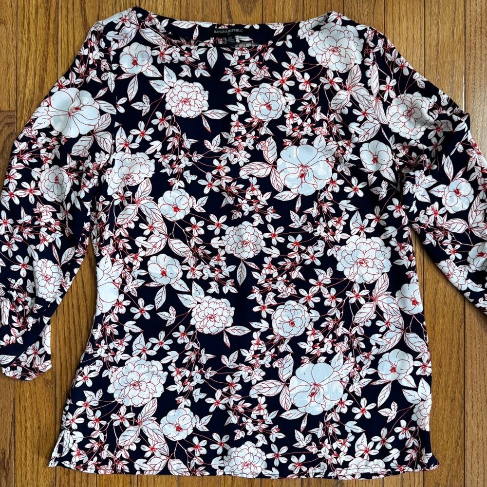 Banana Republic XS Floral Ruffle‑Sleeve Popover Blouse Blue